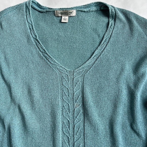 Coldwater Creek Pullover Sweater Blue Centre Cable Knit Size L Scoop Neck Linen - Picture 2 of 7